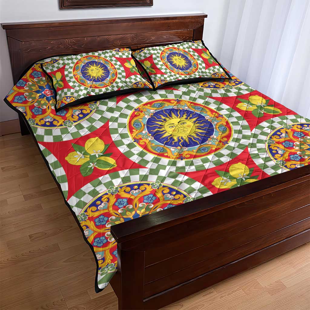 Green Sicilian Majolica Lemon Sun Art Quilt Bed Set