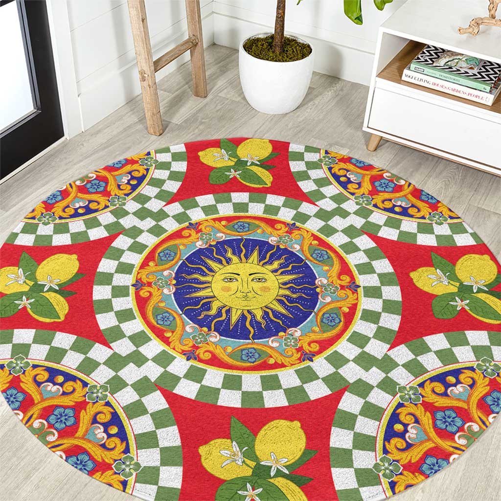 Green Sicilian Majolica Lemon Sun Art Round Carpet