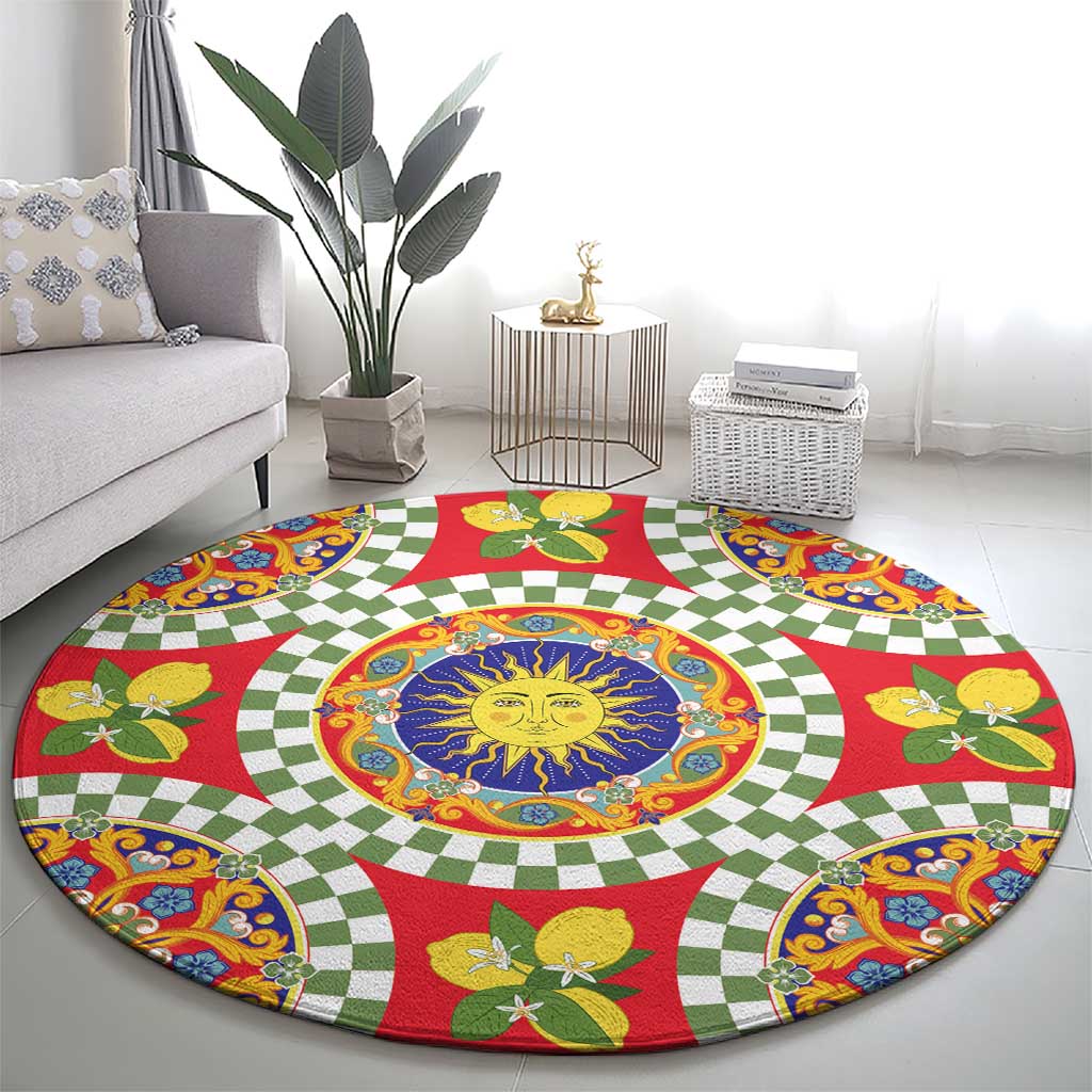 Green Sicilian Majolica Lemon Sun Art Round Carpet