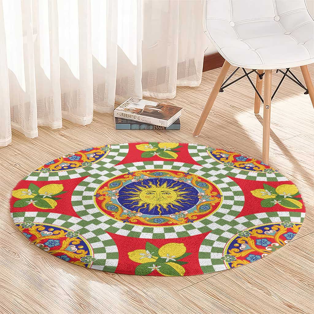Green Sicilian Majolica Lemon Sun Art Round Carpet