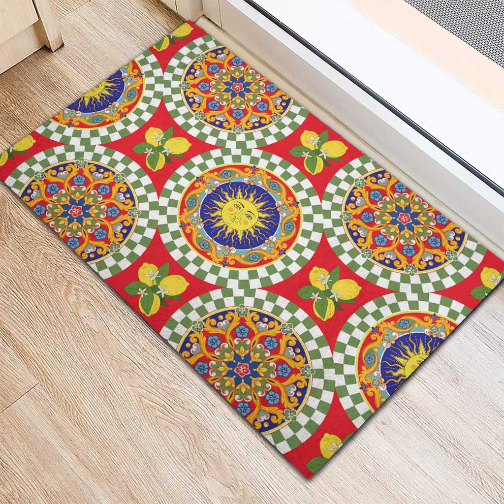 Green Sicilian Majolica Lemon Sun Art Rubber Doormat