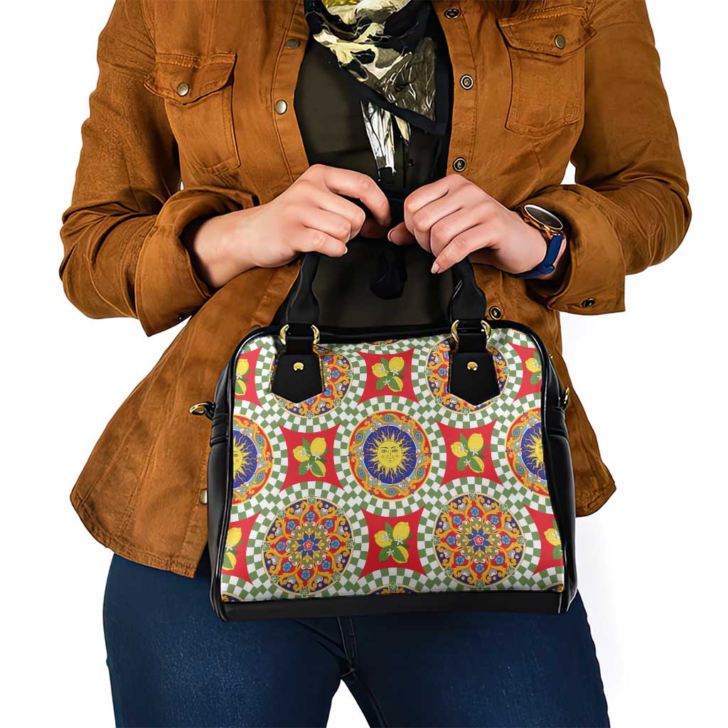 Green Sicilian Majolica Lemon Sun Art Shoulder Handbag