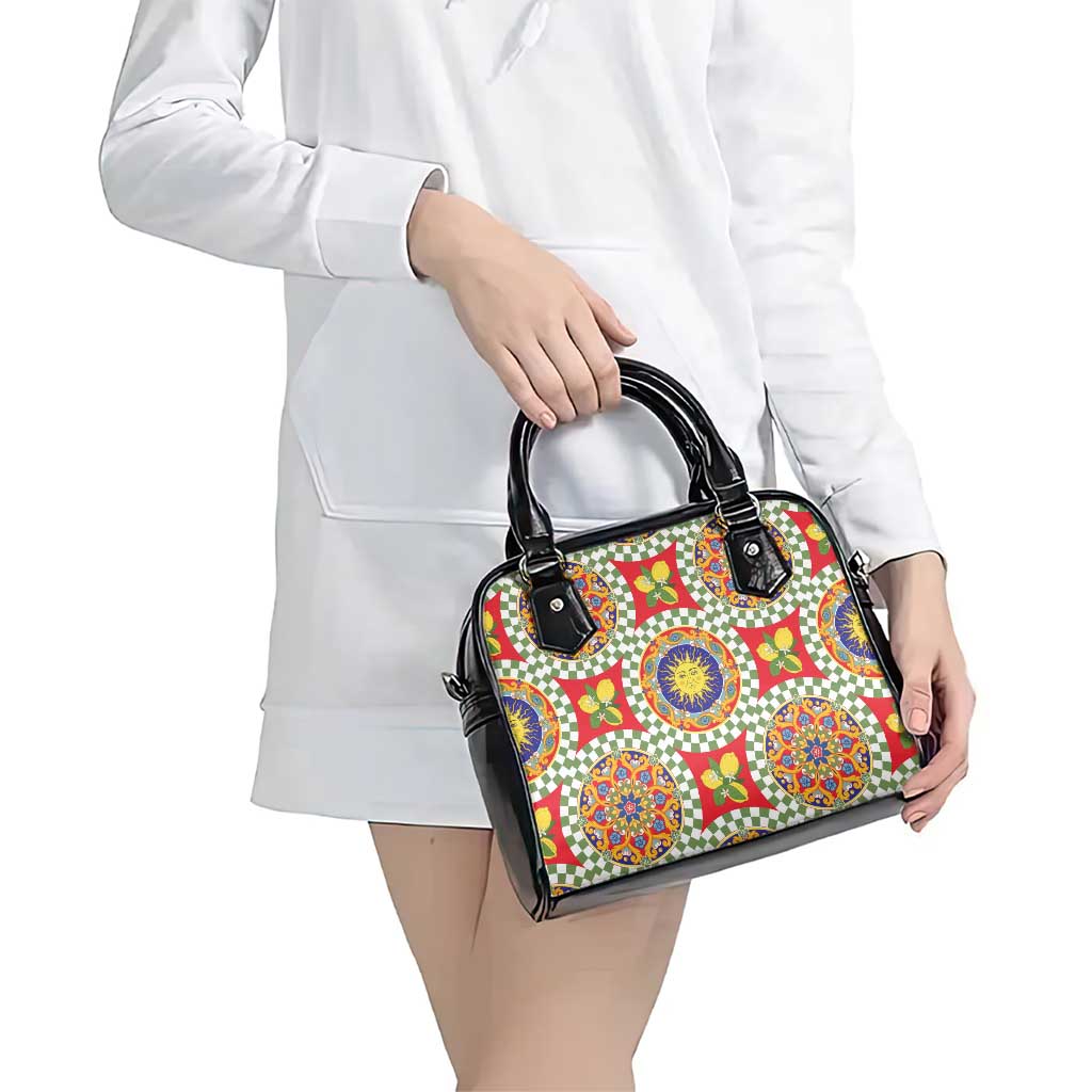 Green Sicilian Majolica Lemon Sun Art Shoulder Handbag