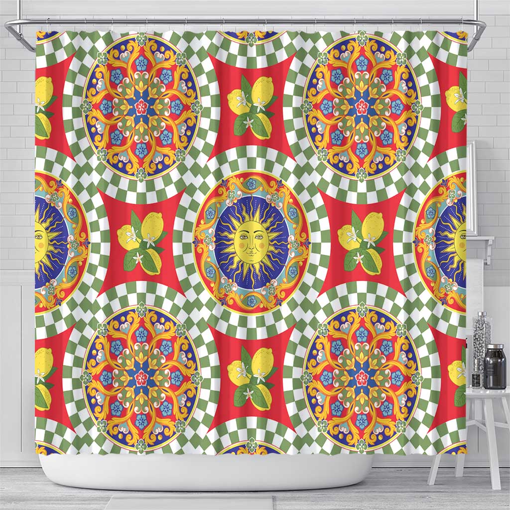 Green Sicilian Majolica Lemon Sun Art Shower Curtain