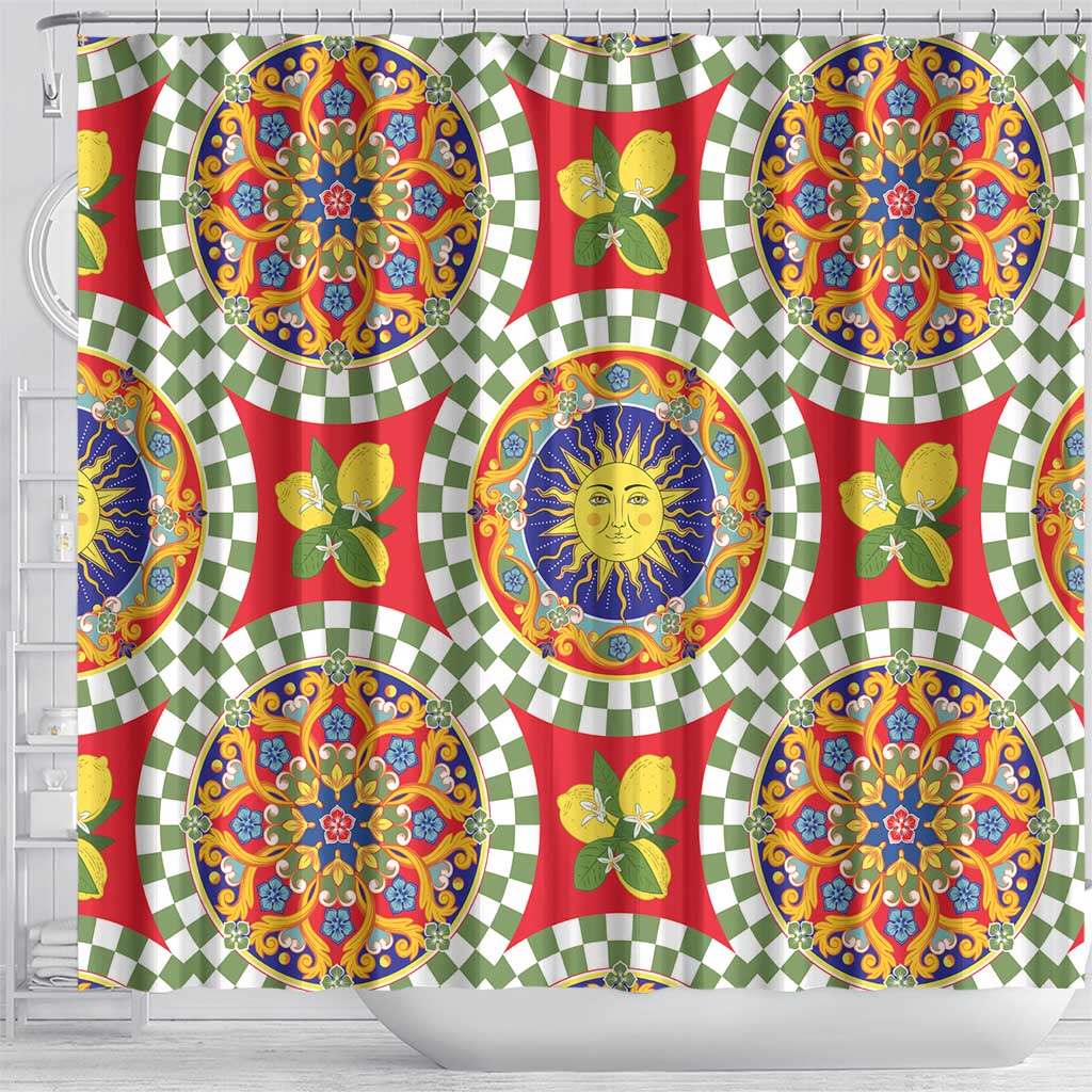 Green Sicilian Majolica Lemon Sun Art Shower Curtain