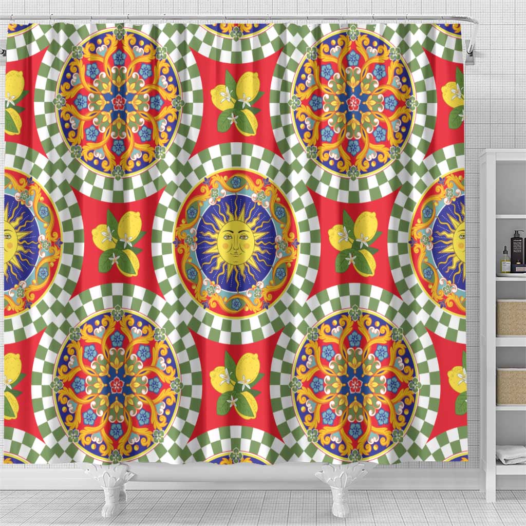 Green Sicilian Majolica Lemon Sun Art Shower Curtain