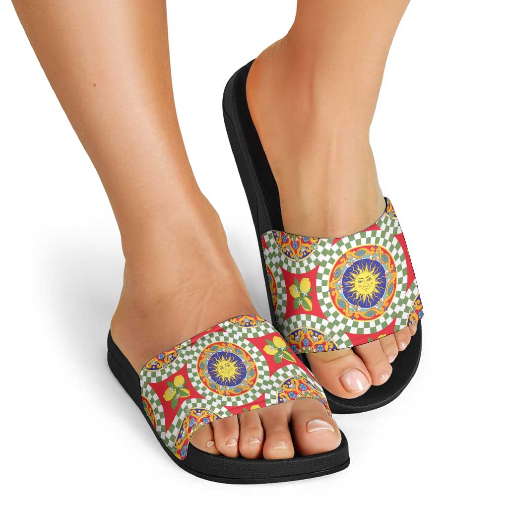 Green Sicilian Majolica Lemon Sun Art Slide Sandals