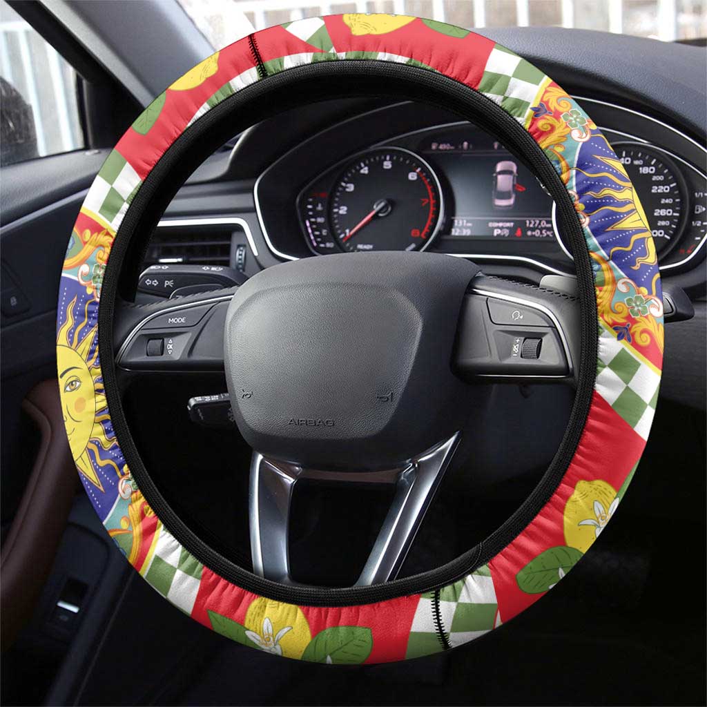 Green Sicilian Majolica Lemon Sun Art Steering Wheel Cover
