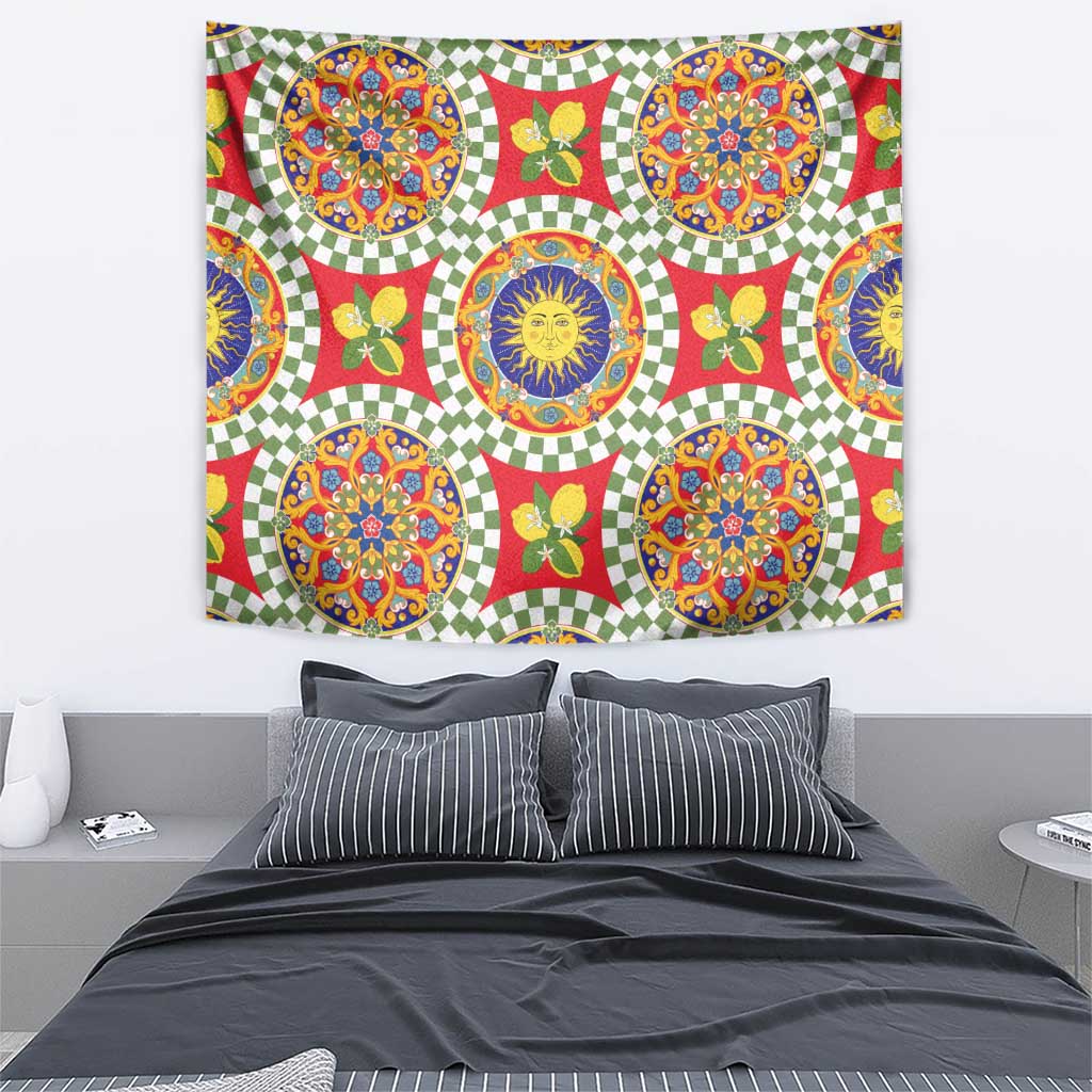 Green Sicilian Majolica Lemon Sun Art Tapestry