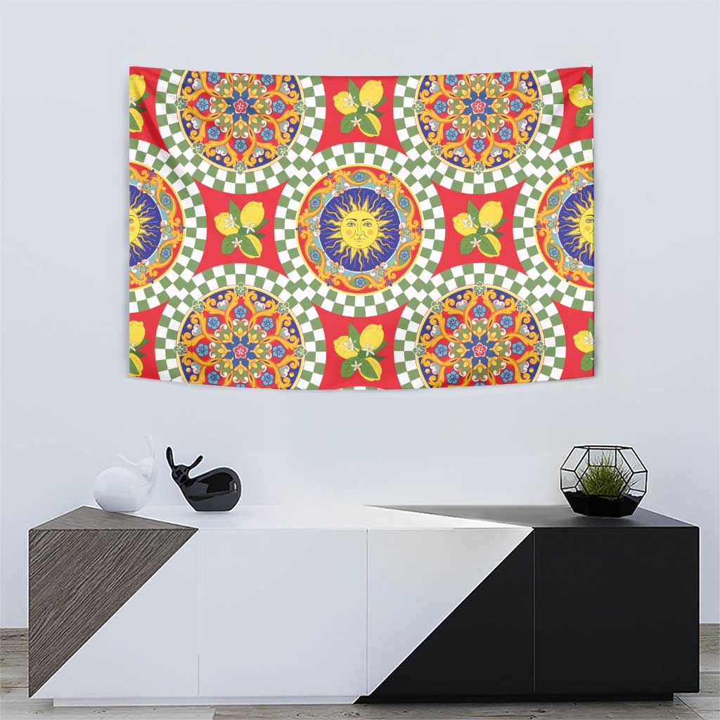 Green Sicilian Majolica Lemon Sun Art Tapestry