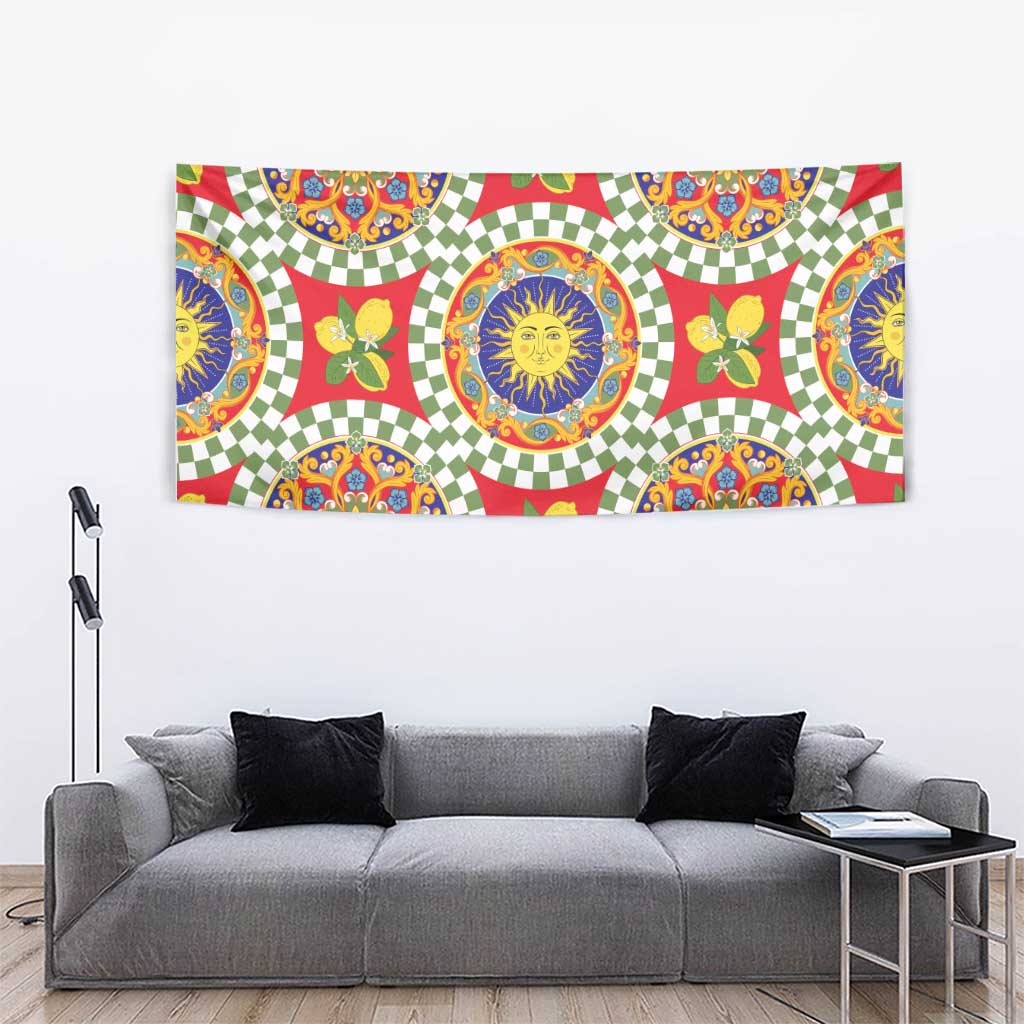 Green Sicilian Majolica Lemon Sun Art Tapestry