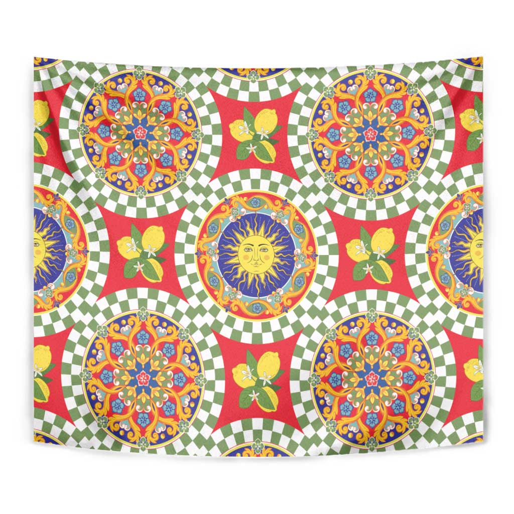 Green Sicilian Majolica Lemon Sun Art Tapestry