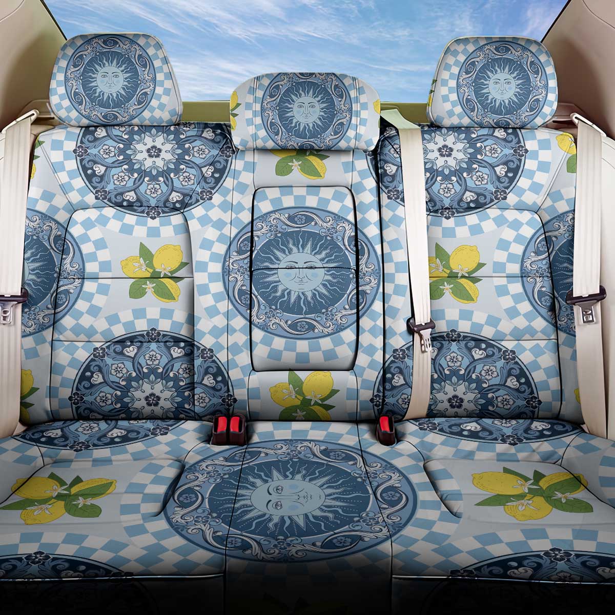 Blue Sicilian Majolica Lemon Sun Art Back Car Seat Cover