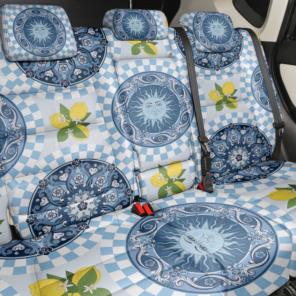 Blue Sicilian Majolica Lemon Sun Art Back Car Seat Cover