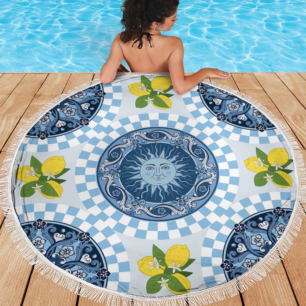 Blue Sicilian Majolica Lemon Sun Art Beach Blanket