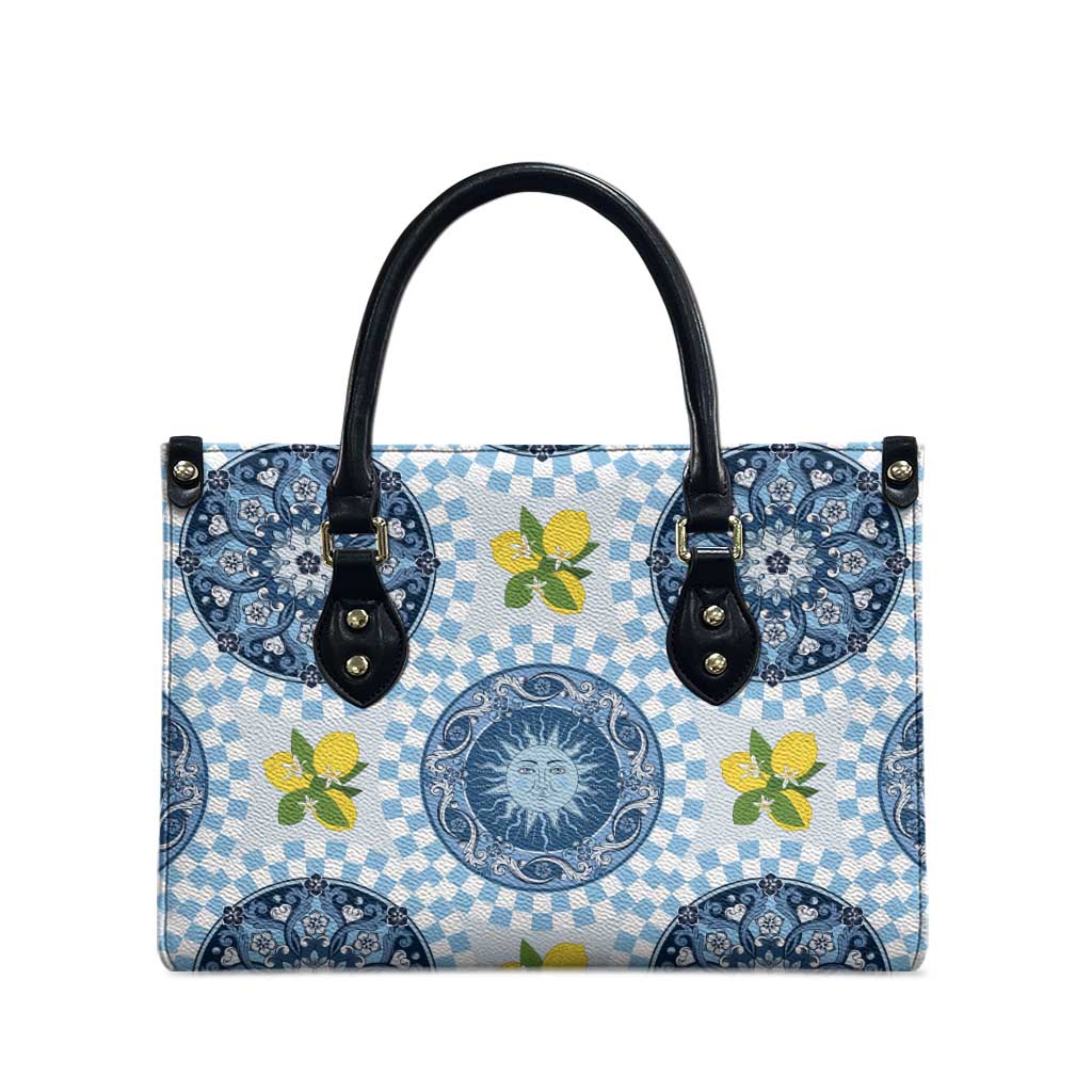 Blue Sicilian Majolica Lemon Sun Art Leather Bag