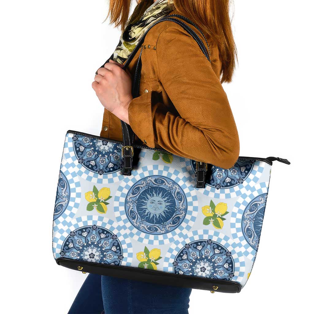 Blue Sicilian Majolica Lemon Sun Art Leather Tote Bag