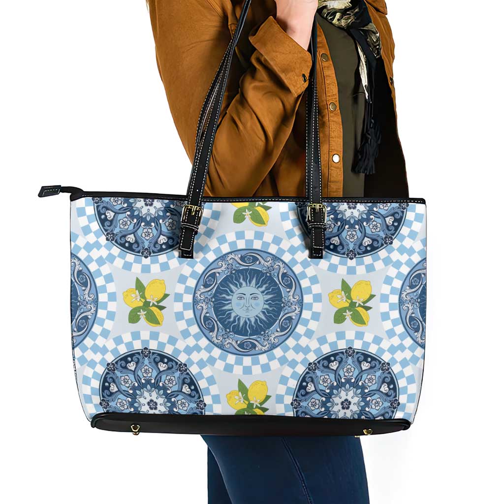 Blue Sicilian Majolica Lemon Sun Art Leather Tote Bag