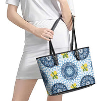 Blue Sicilian Majolica Lemon Sun Art Leather Tote Bag