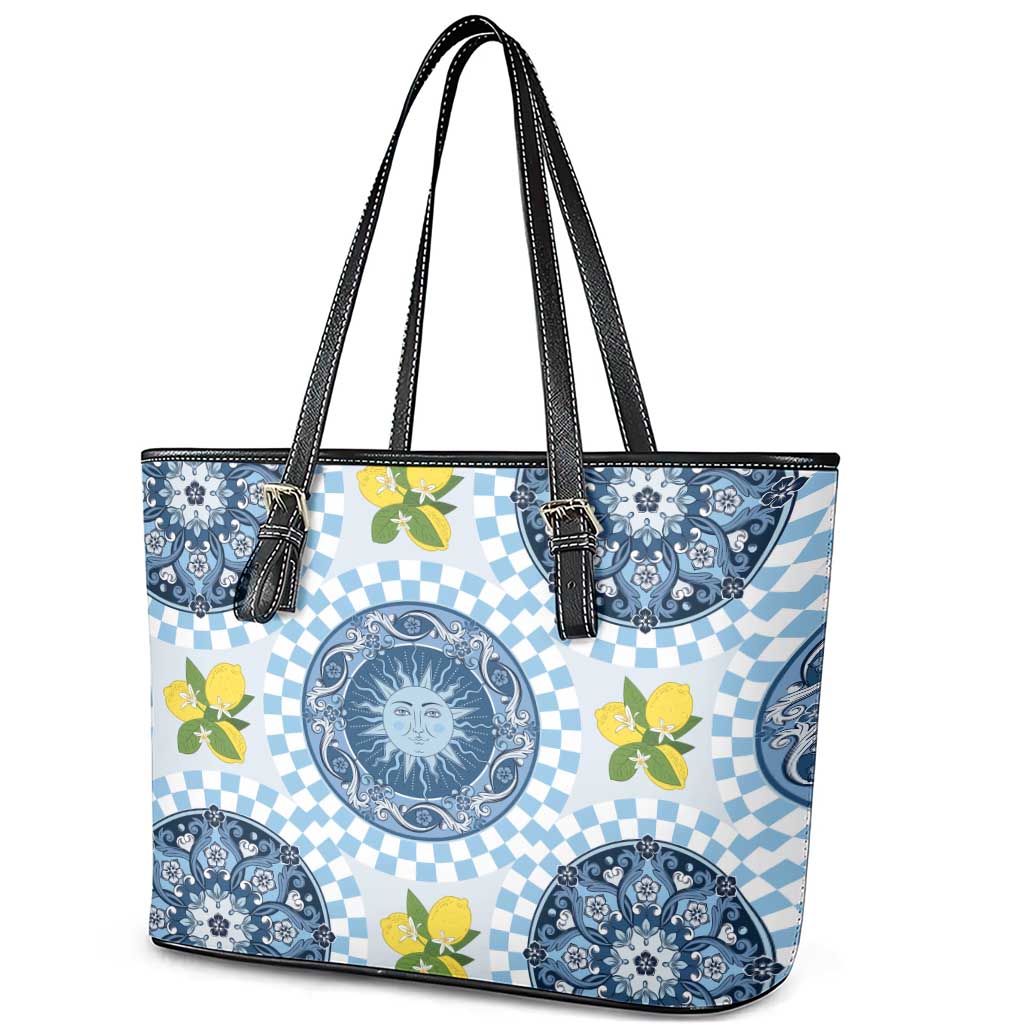Blue Sicilian Majolica Lemon Sun Art Leather Tote Bag