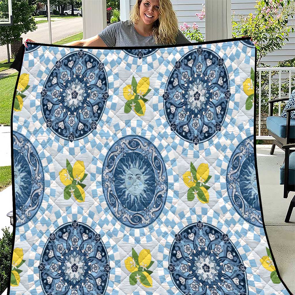 Blue Sicilian Majolica Lemon Sun Art Quilt