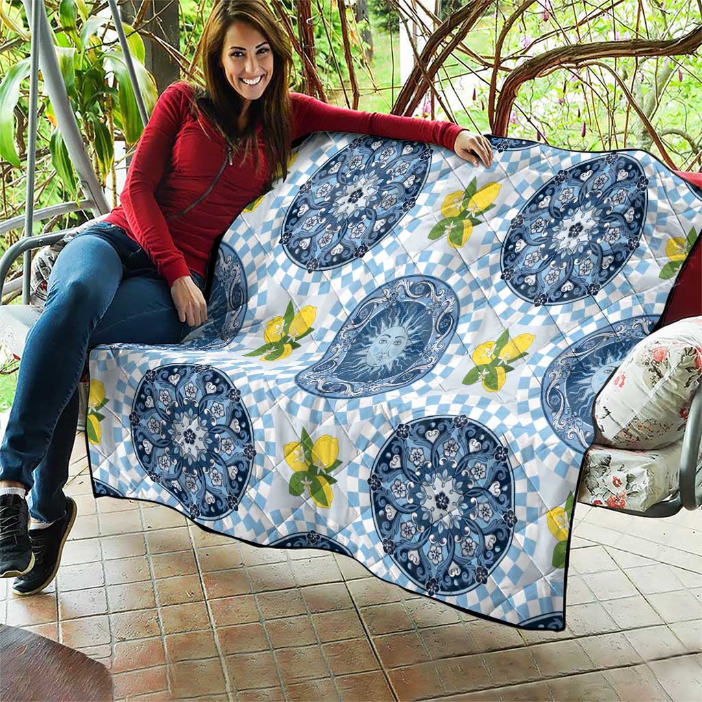 Blue Sicilian Majolica Lemon Sun Art Quilt