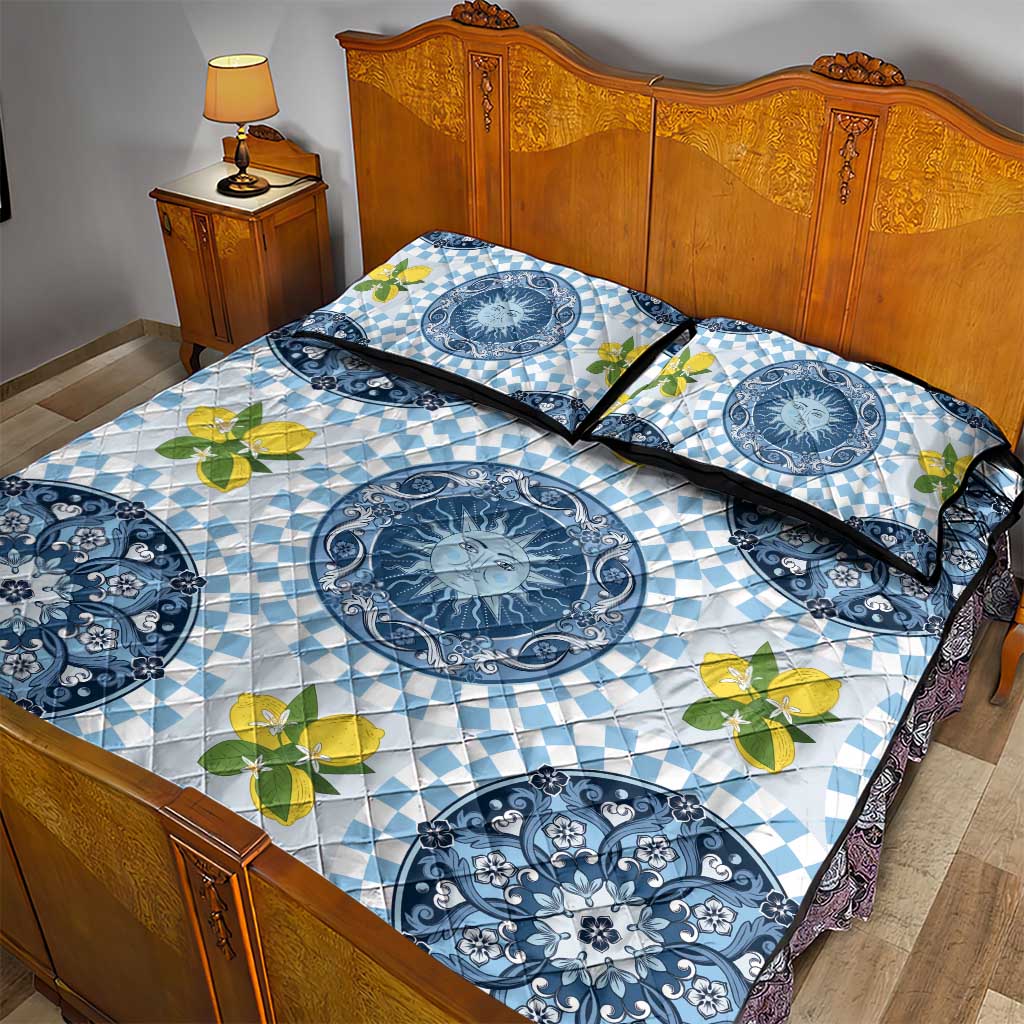 Blue Sicilian Majolica Lemon Sun Art Quilt Bed Set