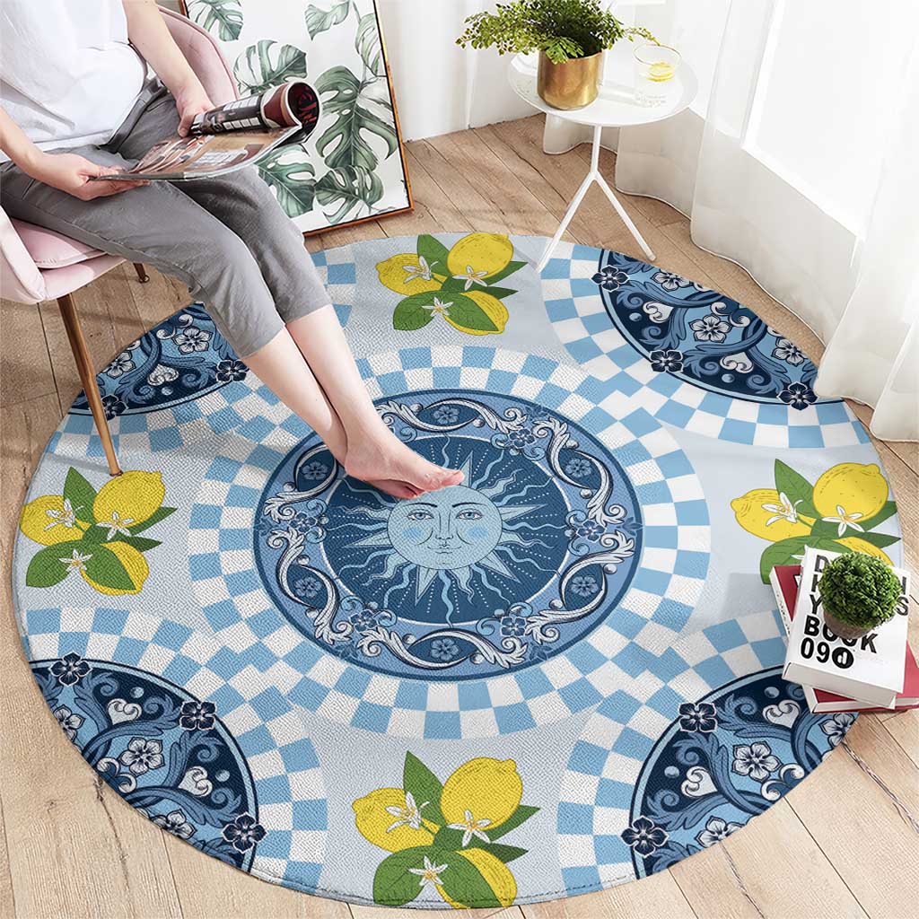 Blue Sicilian Majolica Lemon Sun Art Round Carpet