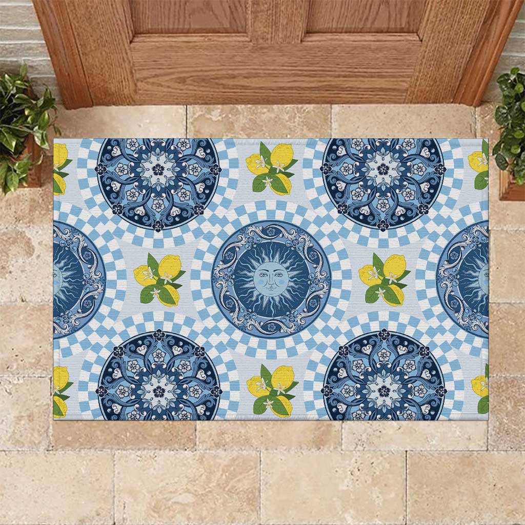 Blue Sicilian Majolica Lemon Sun Art Rubber Doormat