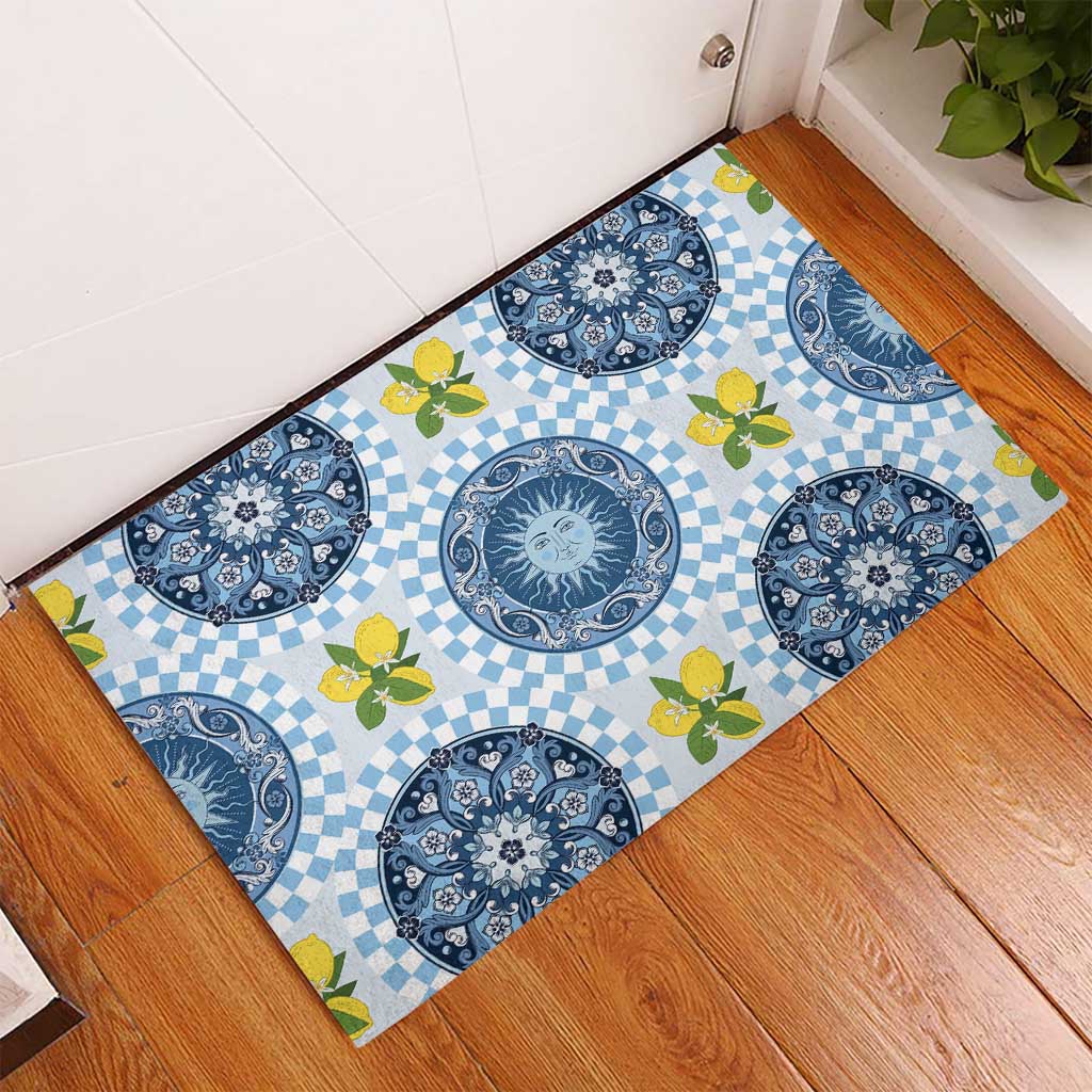 Blue Sicilian Majolica Lemon Sun Art Rubber Doormat
