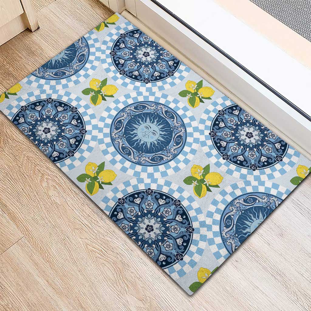 Blue Sicilian Majolica Lemon Sun Art Rubber Doormat