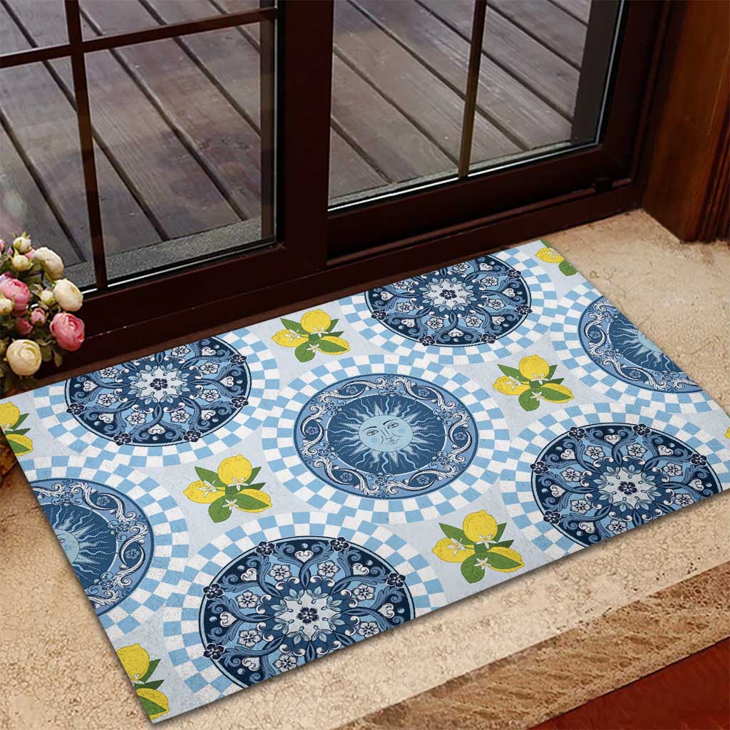 Blue Sicilian Majolica Lemon Sun Art Rubber Doormat