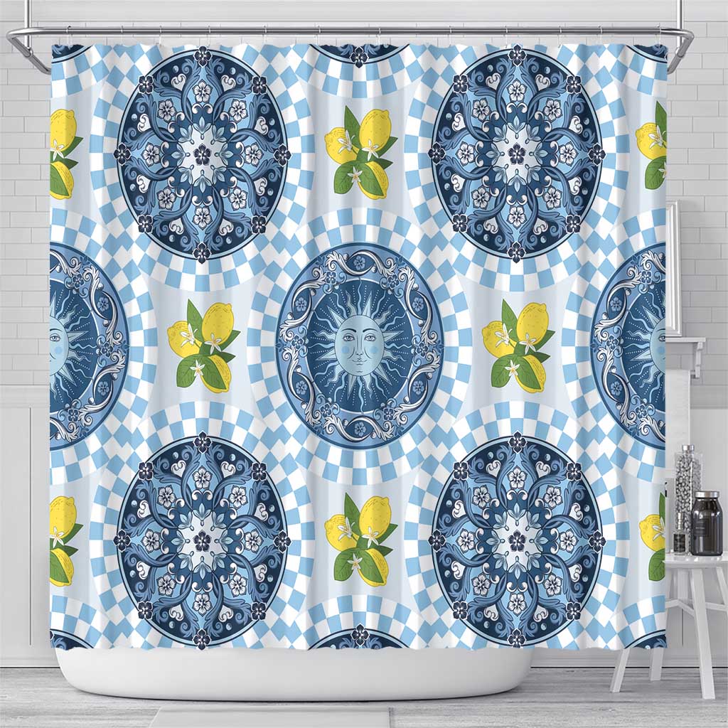 Blue Sicilian Majolica Lemon Sun Art Shower Curtain