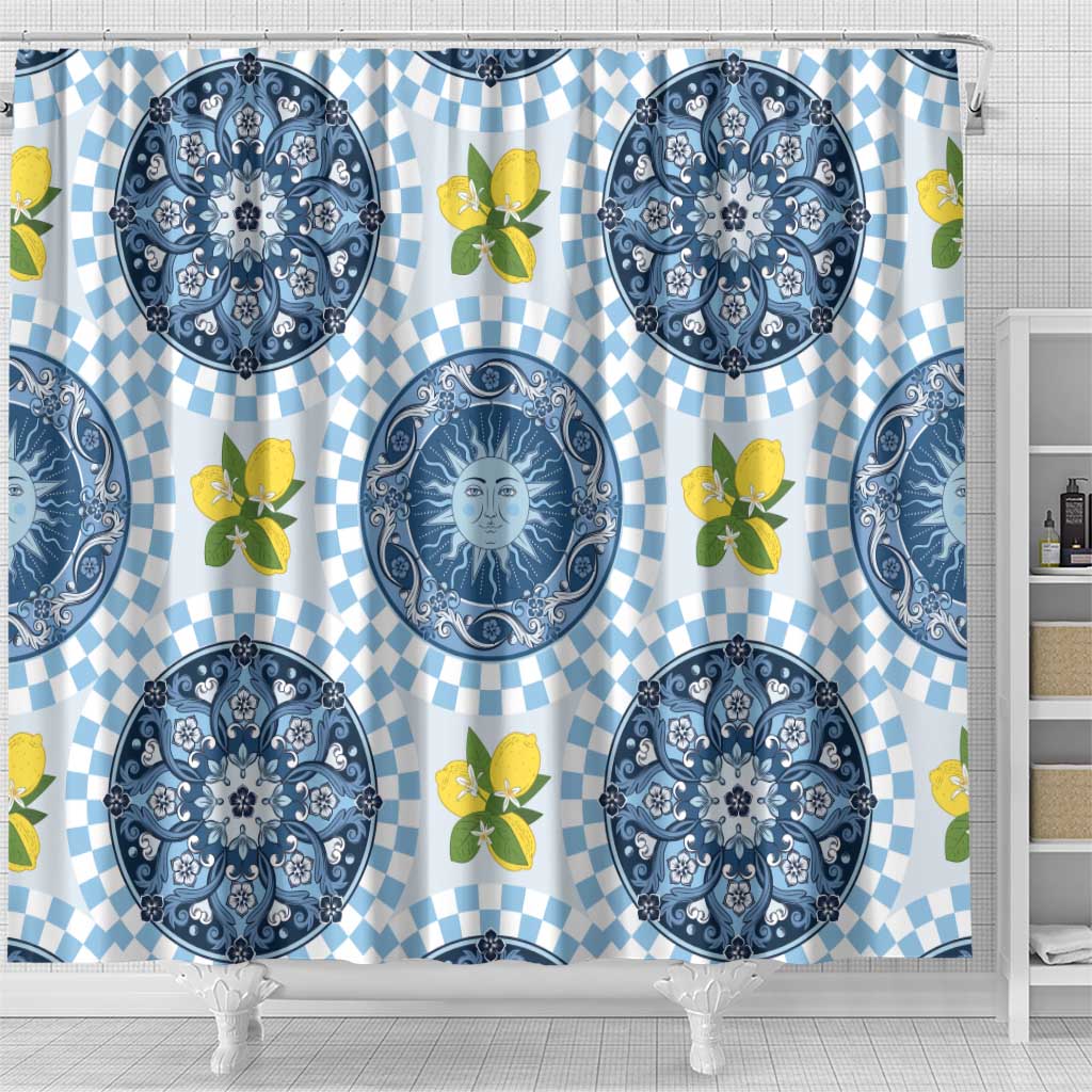 Blue Sicilian Majolica Lemon Sun Art Shower Curtain