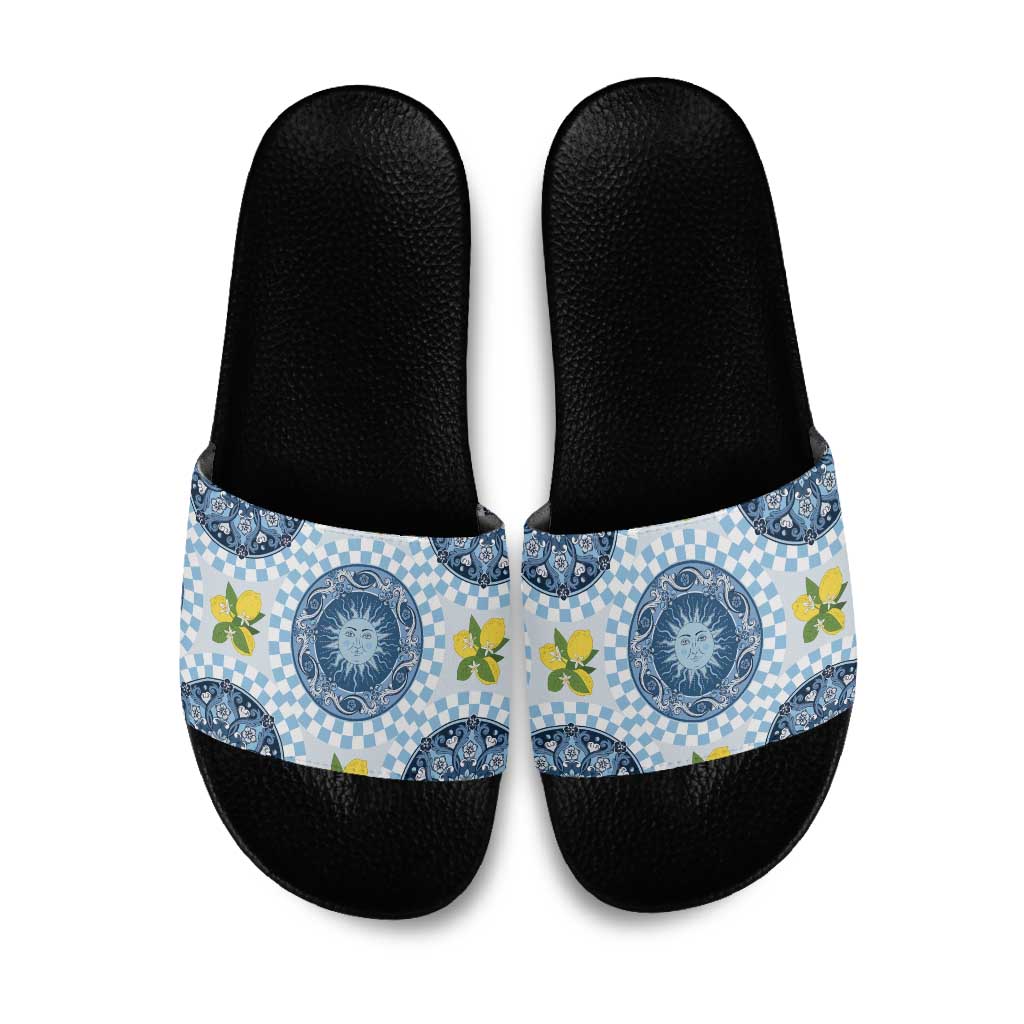 Blue Sicilian Majolica Lemon Sun Art Slide Sandals