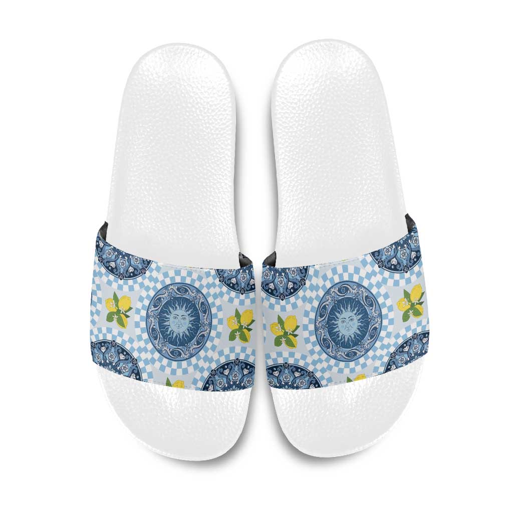 Blue Sicilian Majolica Lemon Sun Art Slide Sandals