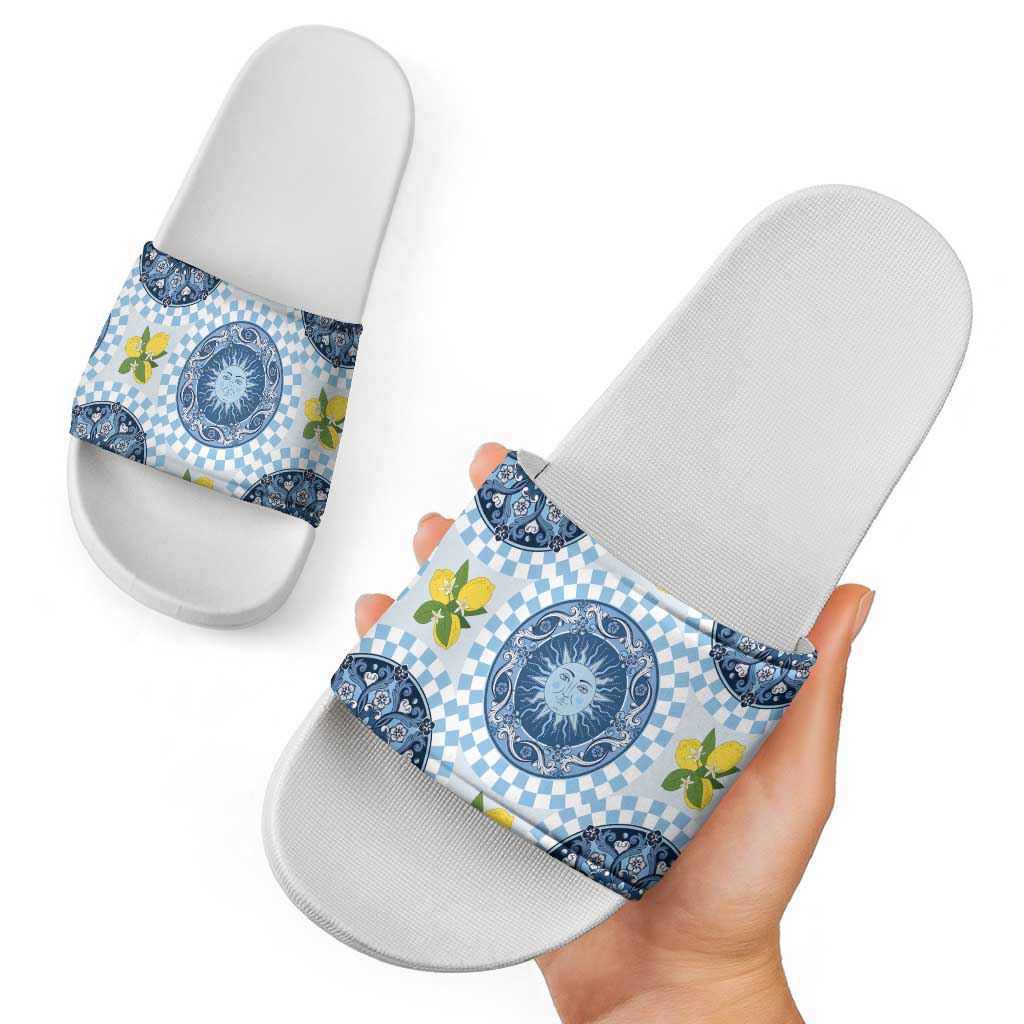 Blue Sicilian Majolica Lemon Sun Art Slide Sandals