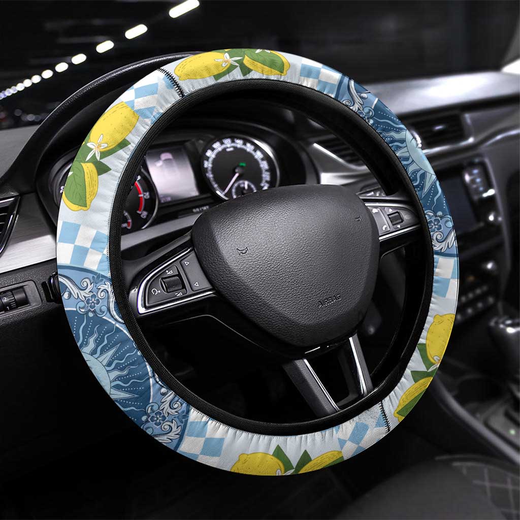 Blue Sicilian Majolica Lemon Sun Art Steering Wheel Cover