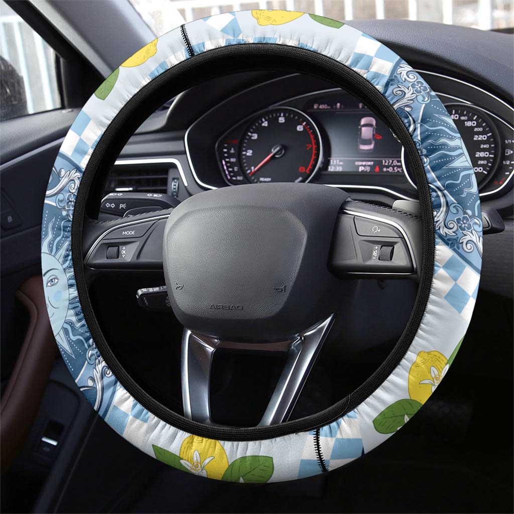 Blue Sicilian Majolica Lemon Sun Art Steering Wheel Cover
