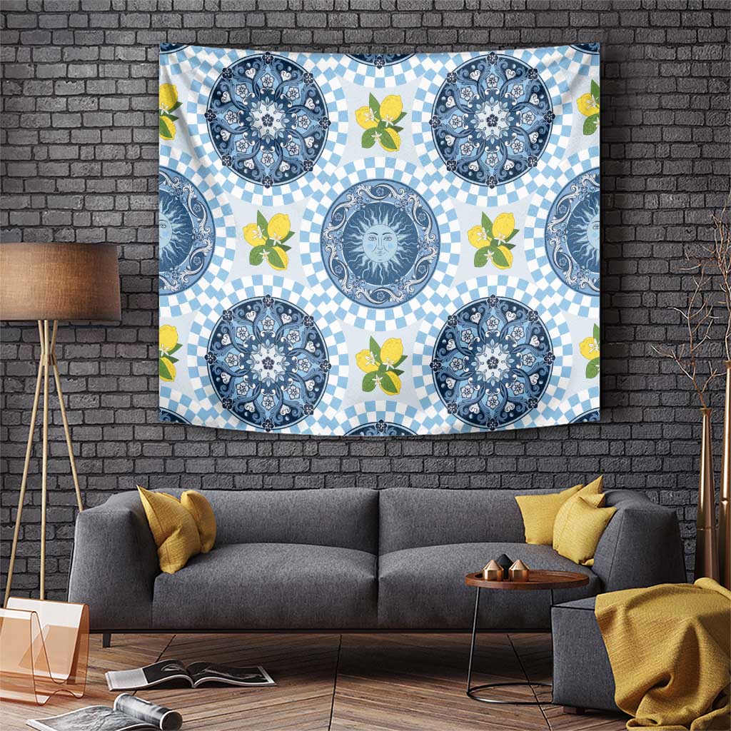 Blue Sicilian Majolica Lemon Sun Art Tapestry