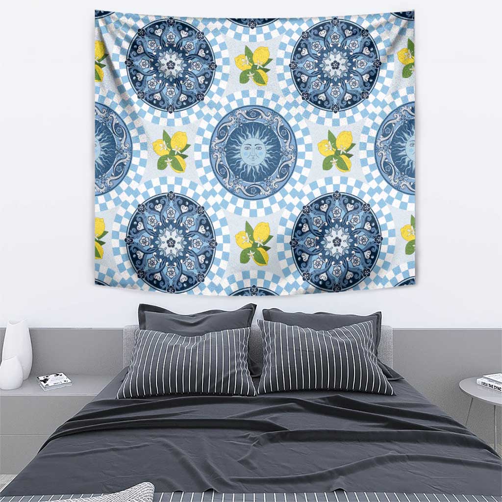 Blue Sicilian Majolica Lemon Sun Art Tapestry