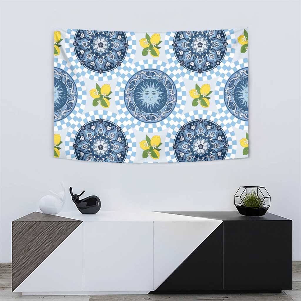 Blue Sicilian Majolica Lemon Sun Art Tapestry