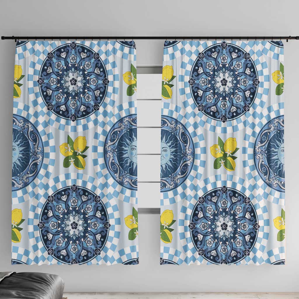 Blue Sicilian Majolica Lemon Sun Art Window Curtain