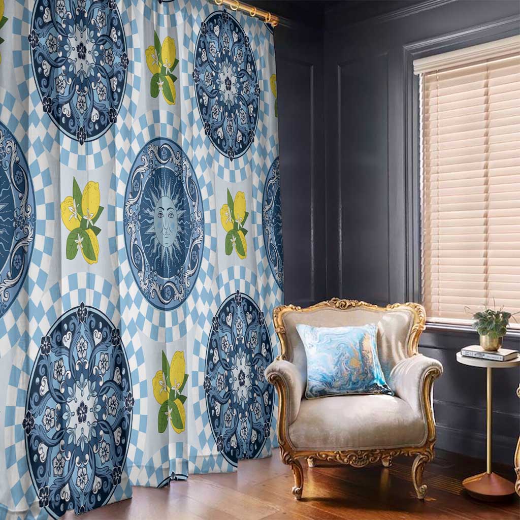 Blue Sicilian Majolica Lemon Sun Art Window Curtain