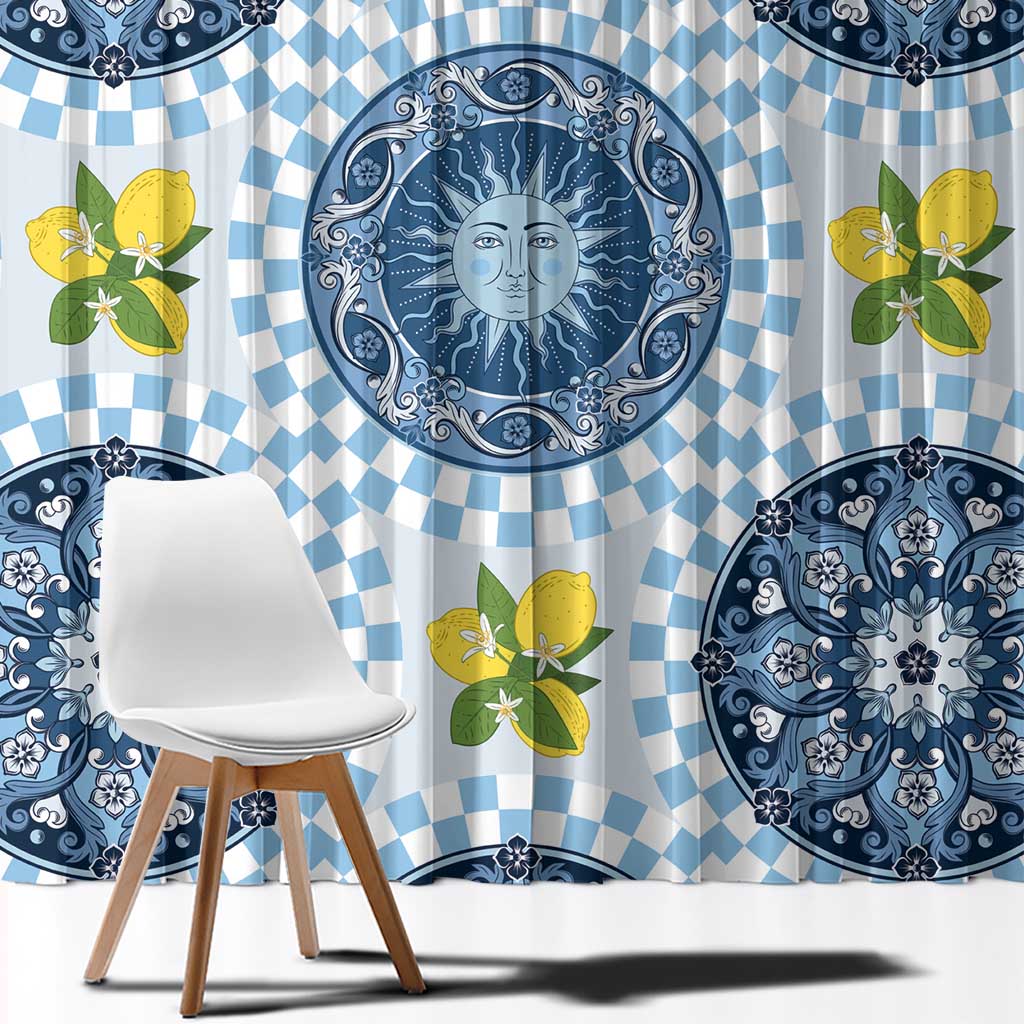 Blue Sicilian Majolica Lemon Sun Art Window Curtain