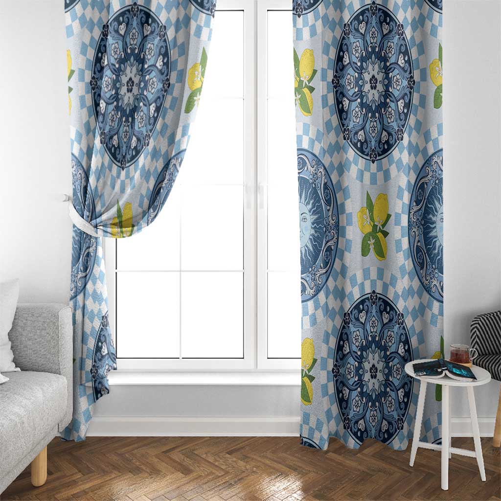 Blue Sicilian Majolica Lemon Sun Art Window Curtain