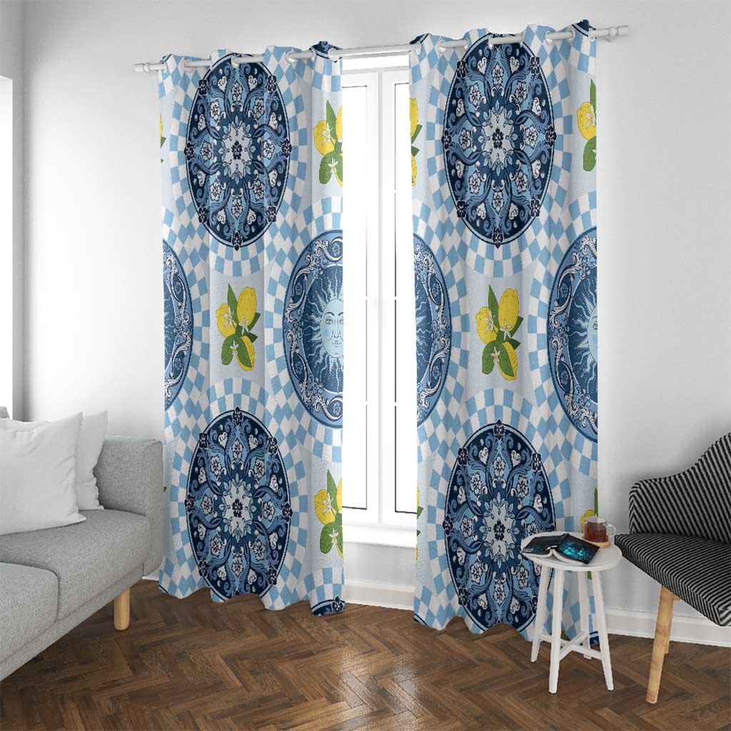 Blue Sicilian Majolica Lemon Sun Art Window Curtain