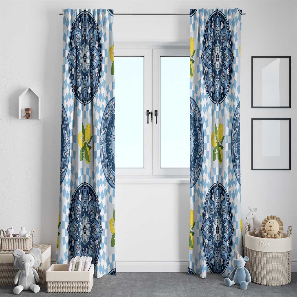 Blue Sicilian Majolica Lemon Sun Art Window Curtain