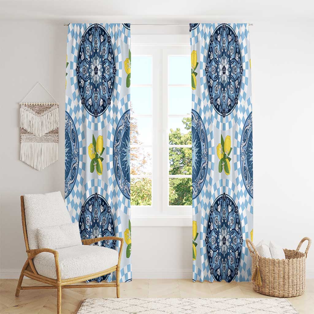 Blue Sicilian Majolica Lemon Sun Art Window Curtain