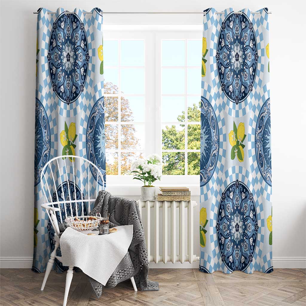 Blue Sicilian Majolica Lemon Sun Art Window Curtain